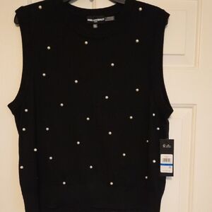 Karl Lagerfeld Black Sleeveless Vest Or Shell with Pearl Accents